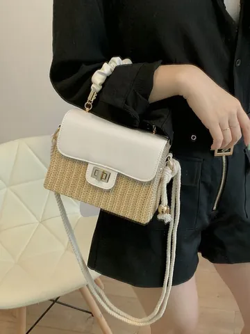 Women Straw Box Handbag Pleated Handle Crossbody Bag Summer Beach Woven Purse With Gold Twist Lock Artificial Leather Flap