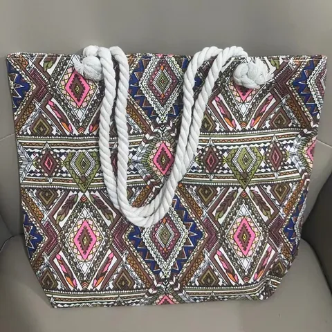 Ethnic Style PU Tote Bag Large Capacity Geometric Floral Print Handbag For Women Vacation Shopping Daily Shoulder Bag
