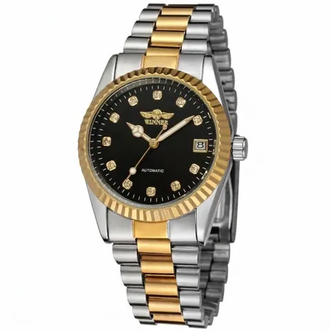 Orologio Meccanico Automatico Winner da Uomo Scheletrato Oro Argento Bicolore Acciaio Inossidabile Ghiera Zigrinata Datario Orologio di Lusso