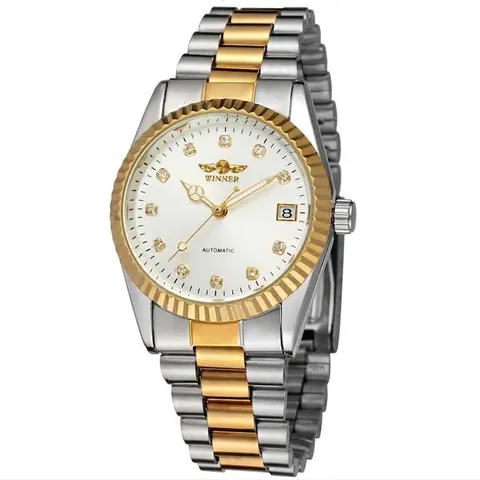 Orologio Meccanico Automatico Winner da Uomo Scheletrato Oro Argento Bicolore Acciaio Inossidabile Ghiera Zigrinata Datario Orologio di Lusso