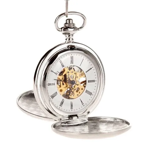 Montre à Gousset Mécanique Polie Vintage Double Chasseur Squelette Chiffres Romains Boîtier Métal Lisse Cadeau Rétro Étudiants Femmes Hommes