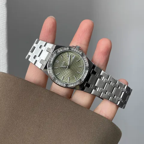 CILOA Women Luxury Fashion Quartz Watch Octagonal Rhinestone Bezel Stainless Steel Ladies Business Grid Dial Wristwatch
