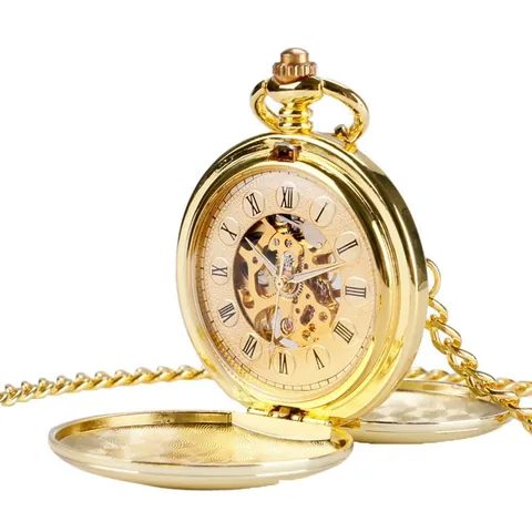 Montre à Gousset Mécanique Polie Vintage Double Chasseur Squelette Chiffres Romains Boîtier Métal Lisse Cadeau Rétro Étudiants Femmes Hommes