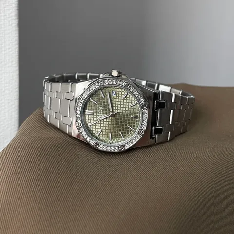 CILOA Women Luxury Fashion Quartz Watch Octagonal Rhinestone Bezel Stainless Steel Ladies Business Grid Dial Wristwatch