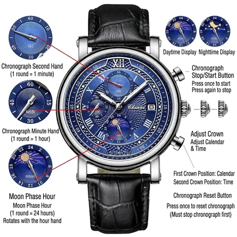 Reloj de Cuarzo CHENXI CX-976 para Hombre Fase Lunar Cronógrafo Calendario Luminoso Correa de Cuero Aleación Negocios Lujo