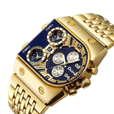 Reloj de Cuarzo Oulm para Hombre Esfera Grande Multi-Huso Horario Luminoso Dorado Correa de Acero Inoxidable Negocios Casual Moda