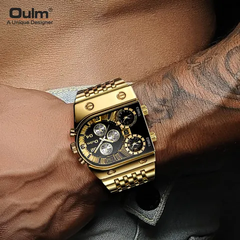 Reloj de Cuarzo Oulm para Hombre Esfera Grande Multi-Huso Horario Luminoso Dorado Correa de Acero Inoxidable Negocios Casual Moda