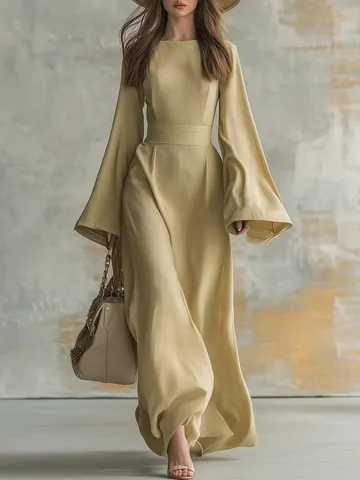Robe Maxi pour Femmes Texture Plissée Manches Longues Évasées Col Rond Coupe Cintrée Style Cowboy Occidental Décontracté