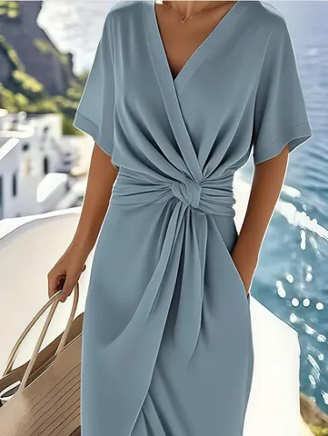 Women Elegant V Neck Short Sleeve Wrap Dress Solid Color Ruched Tie Waist Satin Look Slit Midi Dress For Commute Summer