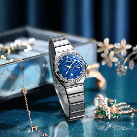 Chenxi Women Quartz Watch Stainless Steel Rhinestone Bezel Calendar Luminous Waterproof Fashion Jewelry Elegant Wristwatch