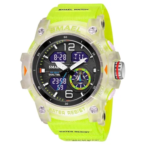 Men's Outdoor Sport Watch Waterproof Dual Display LED Backlight Luminous Outdoor Military Style Transparent Case PU Strap