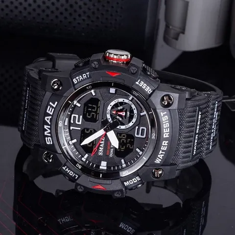 Men's Outdoor Sport Watch Waterproof Dual Display LED Backlight Luminous Outdoor Military Style Transparent Case PU Strap