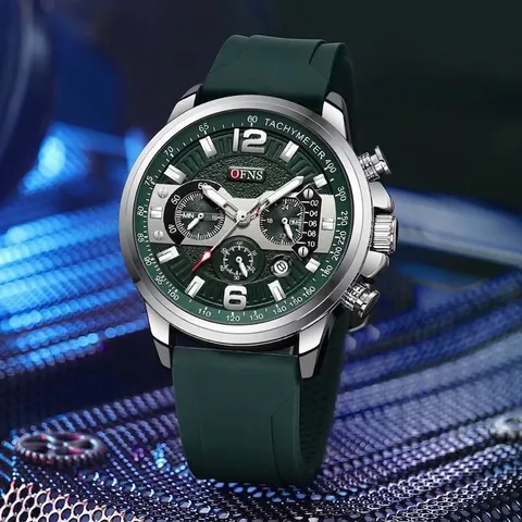 Reloj de Cuarzo OFNS para Hombre Cronógrafo Multifuncional Luminoso Impermeable Business Casual Reloj de Pulsera Caja de Aleación de Zinc Correa de Silicona Acero Inoxidable 1304