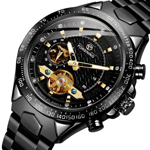 Forsining Men Automatic Mechanical Watch Fashion Casual Tourbillon Hollow Dial Rhinestone Index Alloy Strap Wristwatch