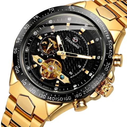 Forsining Men Automatic Mechanical Watch Fashion Casual Tourbillon Hollow Dial Rhinestone Index Alloy Strap Wristwatch