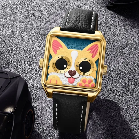 Fashion Trendy Corgi Cartoon 3D Relief Quartz Watch Unisex Leather Strap Stainless Steel Creative Double Dial Wristwatch