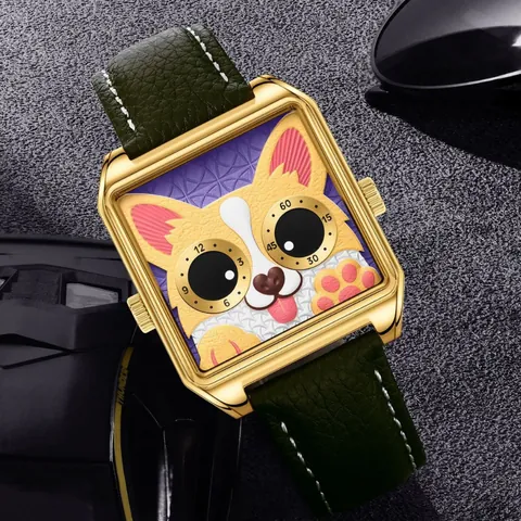 Fashion Trendy Corgi Cartoon 3D Relief Quartz Watch Unisex Leather Strap Stainless Steel Creative Double Dial Wristwatch