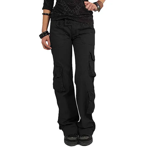 Women's Casual Cotton Multi-Pocket Cargo Pants Loose Wide Leg Straight Trousers Outdoor Streetwear Cotton Canvas Bottoms