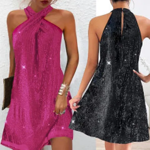 Women Sexy Halter Neck Sequin Party Dress Sleeveless Open Back Evening Cocktail Mini Dress Elegant Solid Color Outfits