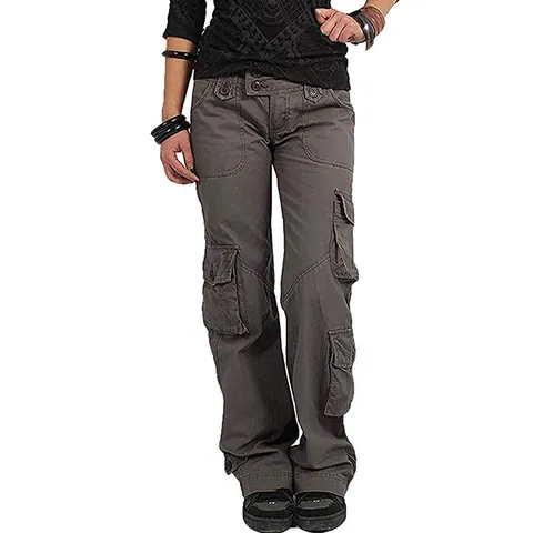 Women's Casual Cotton Multi-Pocket Cargo Pants Loose Wide Leg Straight Trousers Outdoor Streetwear Cotton Canvas Bottoms