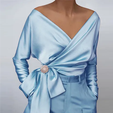Women Sexy V-Neck Satin Blouse Rhinestone Decor Polyester Spandex Long Sleeve Tie-up Wrap Top Solid Color Slim Fit Shirt