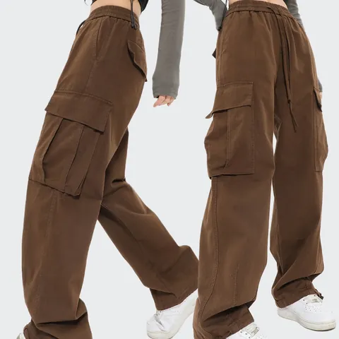Unisex Retro Cargohose Weites Bein Streetwear Mehrere Taschen Baumwolle Kordelzug Lässige Hose Lockere Passform Workwear Stil Hose