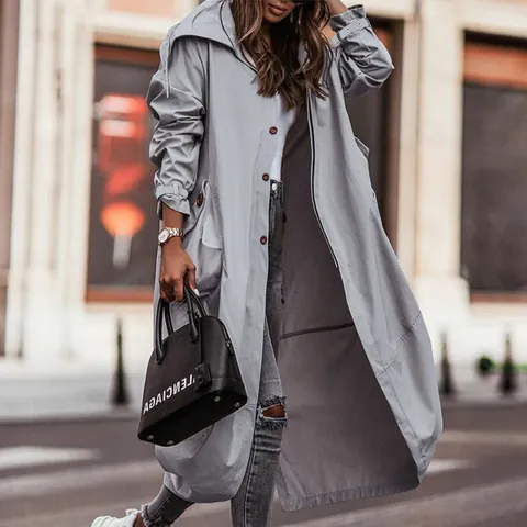 Women Mid Long Trench Coat Elegant Large Lapel Single Breasted Casual Outerwear Windbreaker Jacket Fashion Overcoat Polyester Solid Color Top