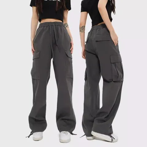 Unisex Retro Cargohose Weites Bein Streetwear Mehrere Taschen Baumwolle Kordelzug Lässige Hose Lockere Passform Workwear Stil Hose