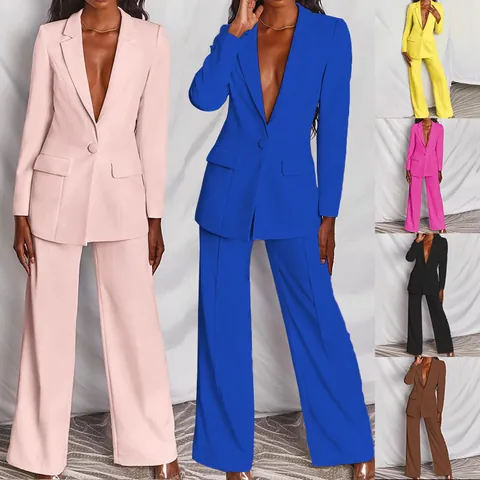 Blazer de Oficina Profesional para Mujer Top And Bottom de Clorofibra Color Sólido Chaqueta de Traje de Manga Larga con Pantalones de Pierna Ancha