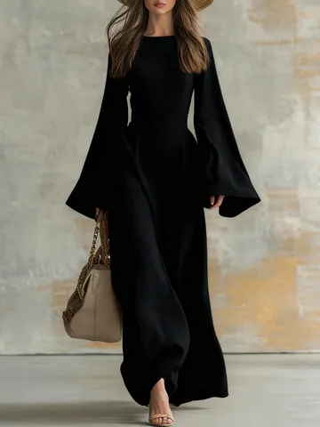 Robe Maxi pour Femmes Texture Plissée Manches Longues Évasées Col Rond Coupe Cintrée Style Cowboy Occidental Décontracté