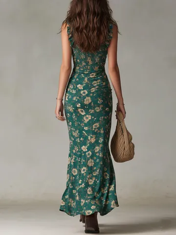 Vestido Maxi Bohemio Vintage con Volantes Sin Mangas Camisola Abertura Alta Floral Poliéster Fruncido Verano Playa Vacaciones