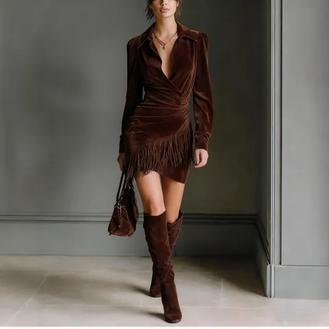 Women's Western Cowboy Suede Fringe Dress Retro Slim V Neck Long Sleeve Tassel Mini Wrap Dress For Party Casual Boho Outfit