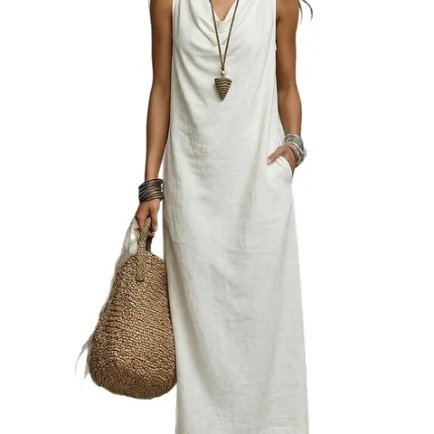 Vestido Maxi Sin Mangas Con Cuello Hamaca Para Mujer Con Bolsillos Ajuste Holgado Color Sólido Poliéster Tejido Verano Casual Fiesta Vestido Largo