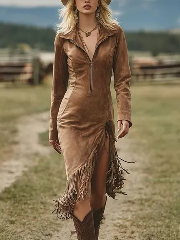 Vestito Midi Aderente in Scamosciato Stile Cowboy Western per Donna Manica Lunga Cerniera Scollo a V Orlo con Frange Vestibilità Aderente