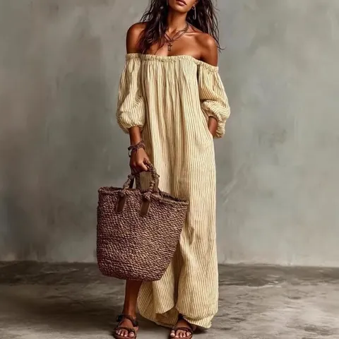Women Casual Off The Shoulder Striped Maxi Dress Elegant Puff Sleeve Loose Vacation Summer Printed Polyester Spandex Dress