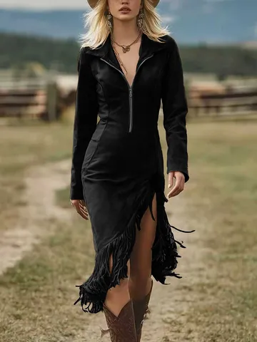 Vestito Midi Aderente in Scamosciato Stile Cowboy Western per Donna Manica Lunga Cerniera Scollo a V Orlo con Frange Vestibilità Aderente