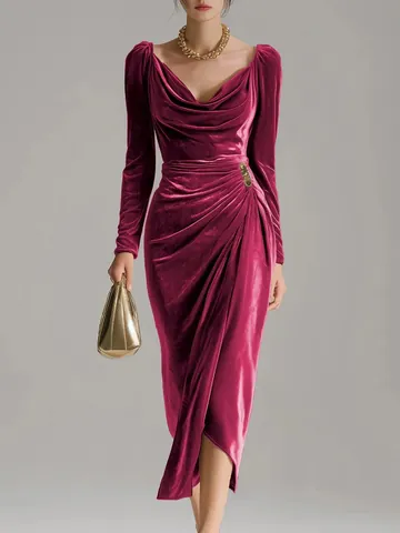Women's Golden Velvet Cowl Neck Long Sleeve Maxi Dress Sexy Ruched Side Split Bodycon Party Evening Dress Solid Elegant Gown