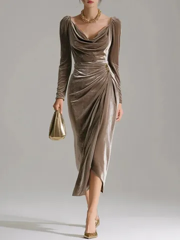 Women's Golden Velvet Cowl Neck Long Sleeve Maxi Dress Sexy Ruched Side Split Bodycon Party Evening Dress Solid Elegant Gown