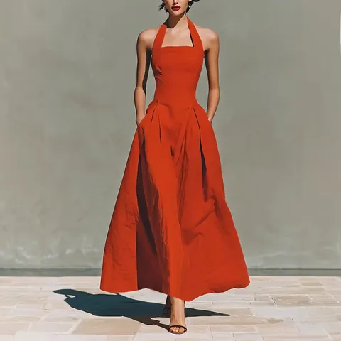 Abito Maxi Donna Scollo all'Americana Tessuto di Lino Senza Maniche Schiena Scoperta Abito Lungo Linea a A con Tasche Estate Casual Elegante