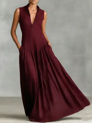 French Style V-Neck Sleeveless Maxi Dress For Women Linen Blend Slim Fit Large Swing Pleated Long Dress For Casual Travel