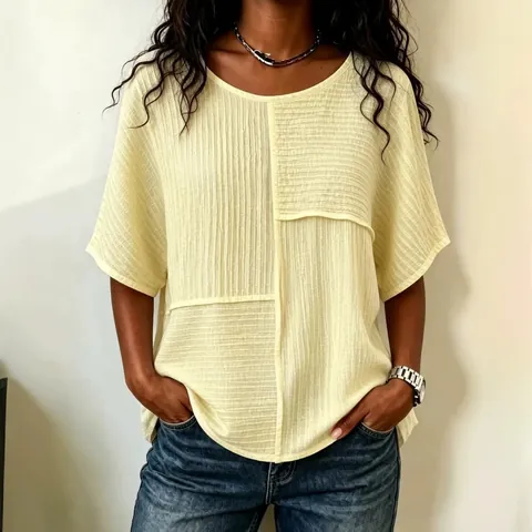 Damen Crinkle-Stoff Patchwork T-Shirt Casual Rundhals Halber Ärmel Lockere Top Einfarbig Polyester Sommer Mode Tee