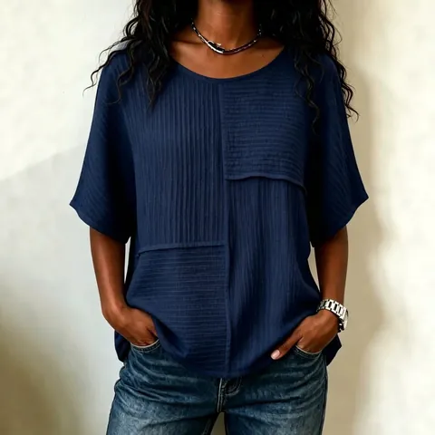 Damen Crinkle-Stoff Patchwork T-Shirt Casual Rundhals Halber Ärmel Lockere Top Einfarbig Polyester Sommer Mode Tee