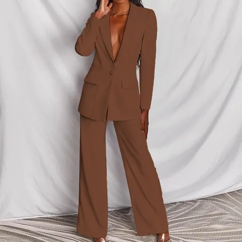 Blazer de Oficina Profesional para Mujer Top And Bottom de Clorofibra Color Sólido Chaqueta de Traje de Manga Larga con Pantalones de Pierna Ancha