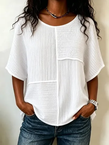 T-Shirt Décontracté Couleur Unie Froncé Ample Manches Courtes Col Rond pour Femmes Été Basique Top