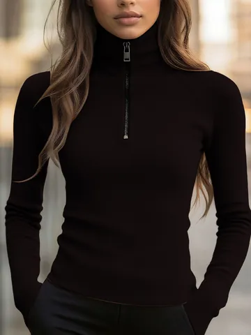 Dames Slim Fit Geribbelde Gebreide Top Halve Rits Col Lange Mouwen Effen Kleur Basislaag Sweater Elegant Woon-werkverkeer Top