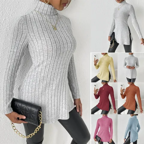 Pull Col Roulé Ajusté pour Femmes Tricot Nervuré Manches Longues Fendu sur le Côté Pull-over Long Vêtement en Tricot Chaud