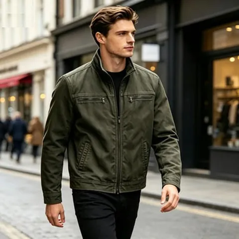 Veste Workwear Vintage en Coton pour Hommes Couleur Unie Multi-Poches Décontracté Manches Longues Fermeture Éclair Manteau
