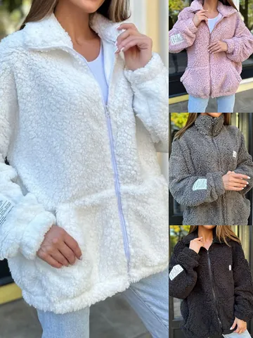 Dames Herfst Winter Sherpa Fleece Jas Rits Revers Lange Mouwen Pluche Jas Warme Teddy Bovenkleding Met Mouw Label