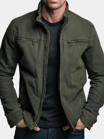 Chaqueta de Trabajo de Algodón Vintage para Hombre Ajuste Holgado Cuello Alto Cremallera Cortavientos Con Múltiples Bolsillos