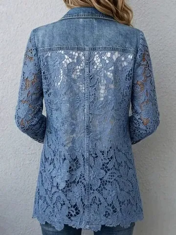Blazer da Donna in Denim Patchwork di Pizzo Media Lunghezza Elegante Monopetto Floreale Svuotato Casual Giacca Top